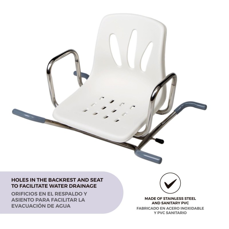 Asiento giratorio para bañera con orificios en el respaldo y asiento para facilitar la evacuación de agua. Fabricado en acero inoxidable y PVC sanitario