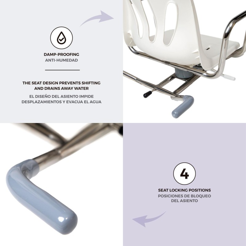 Asiento giratorio para bañera. Detalles: El diseño del asiento impide desplazamientos y evacua el agua. Posiciones de bloqueo del asiento