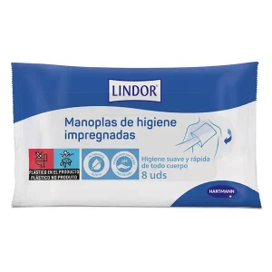 Manoplas de higiene impregnadas Lindor. Higiene suave y rápida de todo cuerpo. 8 uds
