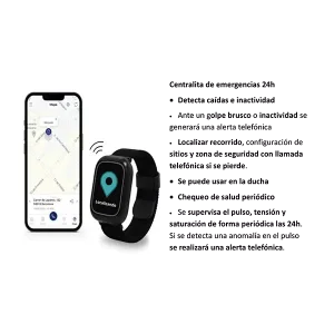 Reloj localizador. Centralita de emergencias 24h. Detecta caidas e inactividad, ante un golpe brusco o inactividad se generará una alerta telefónica, localizar recorrido, configuración de sitios y zona de seguridad con llamada telefónica si se pierde. Se puede usar en la ducha. Chequeo de salud periódico. Se supervisa el pulso, tensión y saturación de forma periódica las 24h. Si se detecta una anomalía en el pulso se realizará una alerta telefónica